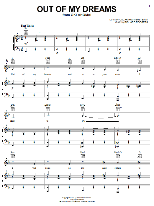 Preview Rodgers & Hammerstein Out Of My Dreams Broadway sheet music, notes and chords for Piano, Vocal & Guitar (Right-Hand Melody), SKU: 20559 sheet music, piano notes, chords, guitar tabs, score, transpose, transcribe, how to play, guide, download, learn, tutorial, progression, song, artist, awards, billboard, mtv, vh1, tour, single, album, release