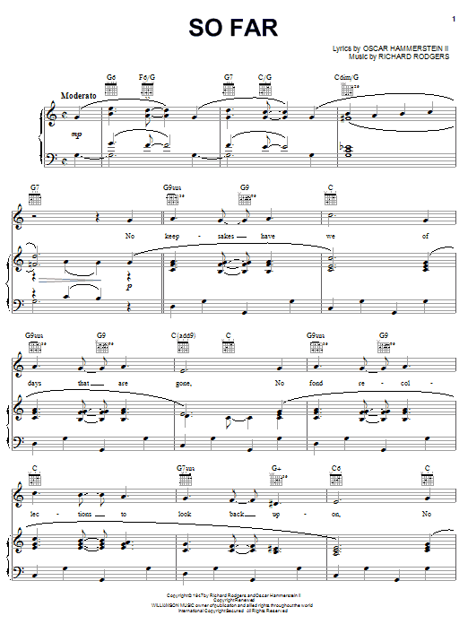 Preview Rodgers & Hammerstein So Far (from Allegro) Musicals sheet music, notes and chords for Piano, Vocal & Guitar (Right-Hand Melody), SKU: 20565 sheet music, piano notes, chords, guitar tabs, score, transpose, transcribe, how to play, guide, download, learn, tutorial, progression, song, artist, awards, billboard, mtv, vh1, tour, single, album, release
