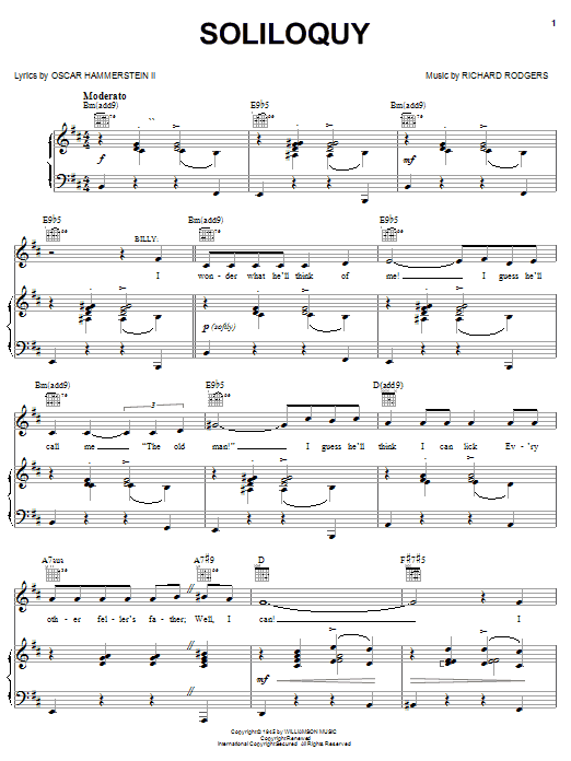 Preview Rodgers & Hammerstein Soliloquy Broadway sheet music, notes and chords for Piano, Vocal & Guitar (Right-Hand Melody), SKU: 20566 sheet music, piano notes, chords, guitar tabs, score, transpose, transcribe, how to play, guide, download, learn, tutorial, progression, song, artist, awards, billboard, mtv, vh1, tour, single, album, release