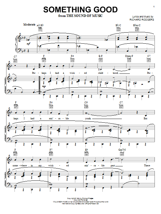 Preview Rodgers & Hammerstein Something Good (from The Sound Of Music) Musicals sheet music, notes and chords for Piano, Vocal & Guitar (Right-Hand Melody), SKU: 20568 sheet music, piano notes, chords, guitar tabs, score, transpose, transcribe, how to play, guide, download, learn, tutorial, progression, song, artist, awards, billboard, mtv, vh1, tour, single, album, release