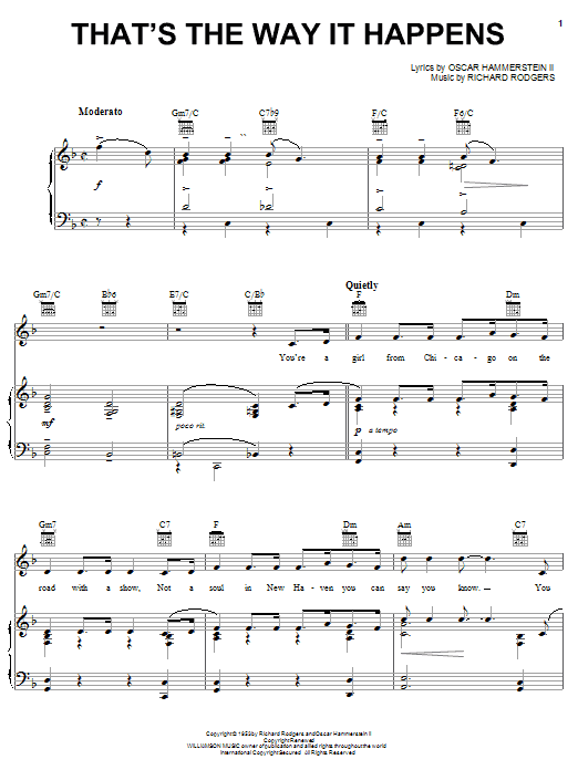 Preview Rodgers & Hammerstein That's The Way It Happens Broadway sheet music, notes and chords for Piano, Vocal & Guitar (Right-Hand Melody), SKU: 20575 sheet music, piano notes, chords, guitar tabs, score, transpose, transcribe, how to play, guide, download, learn, tutorial, progression, song, artist, awards, billboard, mtv, vh1, tour, single, album, release