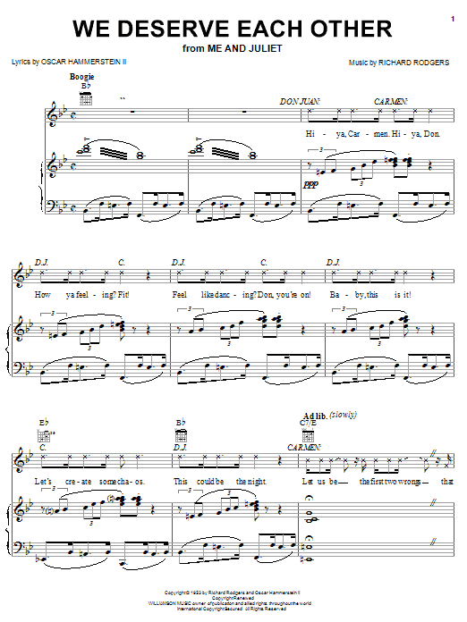 Preview Rodgers & Hammerstein We Deserve Each Other Broadway sheet music, notes and chords for Piano, Vocal & Guitar (Right-Hand Melody), SKU: 20581 sheet music, piano notes, chords, guitar tabs, score, transpose, transcribe, how to play, guide, download, learn, tutorial, progression, song, artist, awards, billboard, mtv, vh1, tour, single, album, release