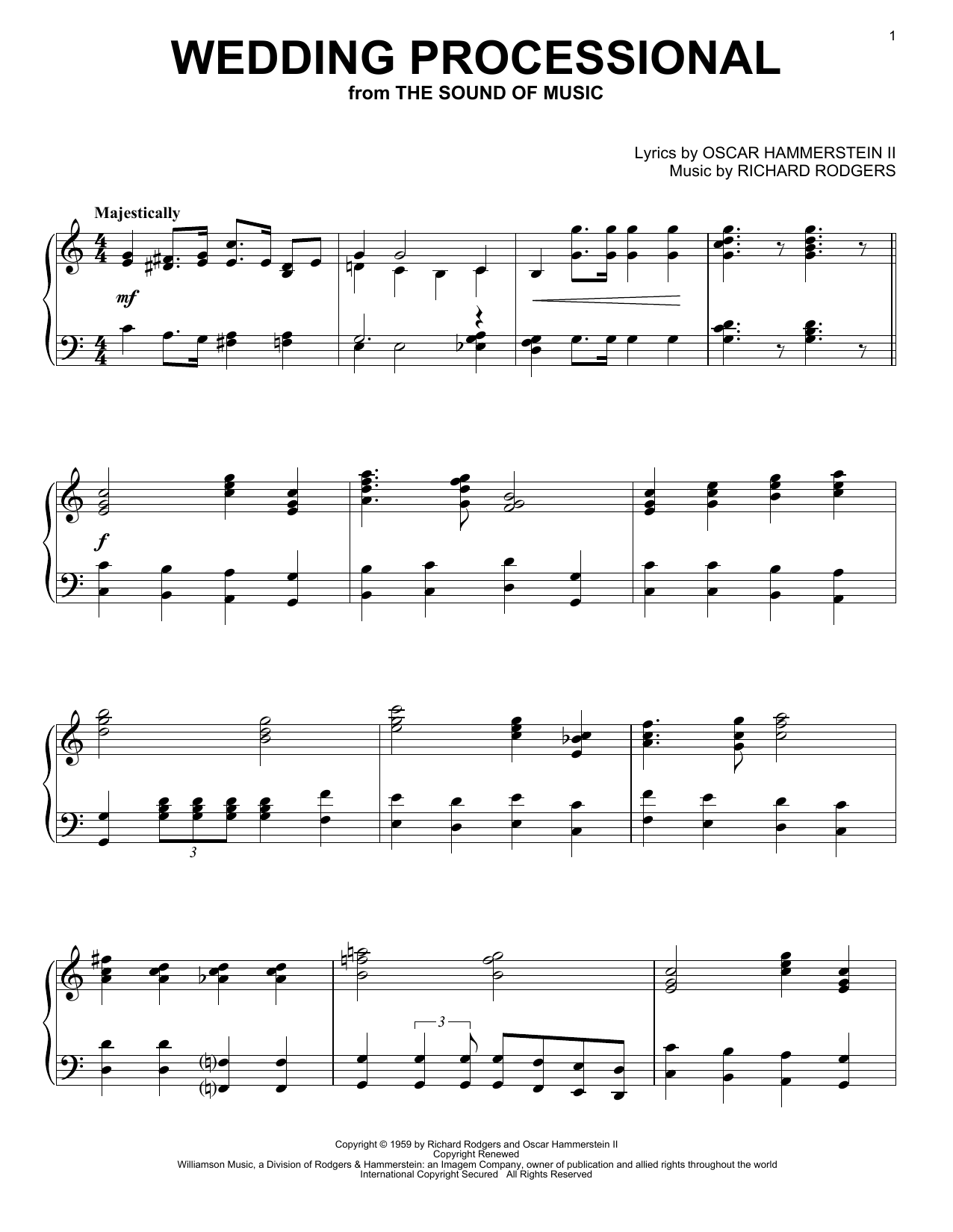 Preview Rodgers & Hammerstein Wedding Processional Musicals sheet music, notes and chords for Piano, SKU: 20583 sheet music, piano notes, chords, guitar tabs, score, transpose, transcribe, how to play, guide, download, learn, tutorial, progression, song, artist, awards, billboard, mtv, vh1, tour, single, album, release