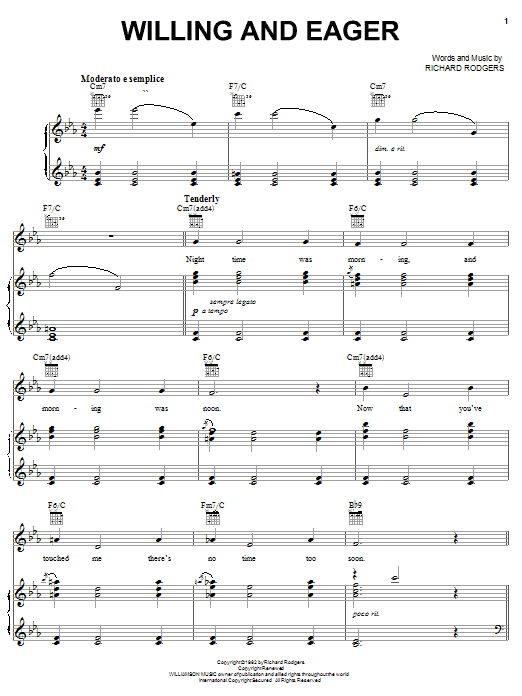 Preview Rodgers & Hammerstein Willing And Eager Musicals sheet music, notes and chords for Piano, Vocal & Guitar (Right-Hand Melody), SKU: 20588 sheet music, piano notes, chords, guitar tabs, score, transpose, transcribe, how to play, guide, download, learn, tutorial, progression, song, artist, awards, billboard, mtv, vh1, tour, single, album, release