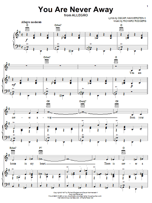 Preview Rodgers & Hammerstein You Are Never Away Broadway sheet music, notes and chords for Piano, Vocal & Guitar (Right-Hand Melody), SKU: 20591 sheet music, piano notes, chords, guitar tabs, score, transpose, transcribe, how to play, guide, download, learn, tutorial, progression, song, artist, awards, billboard, mtv, vh1, tour, single, album, release