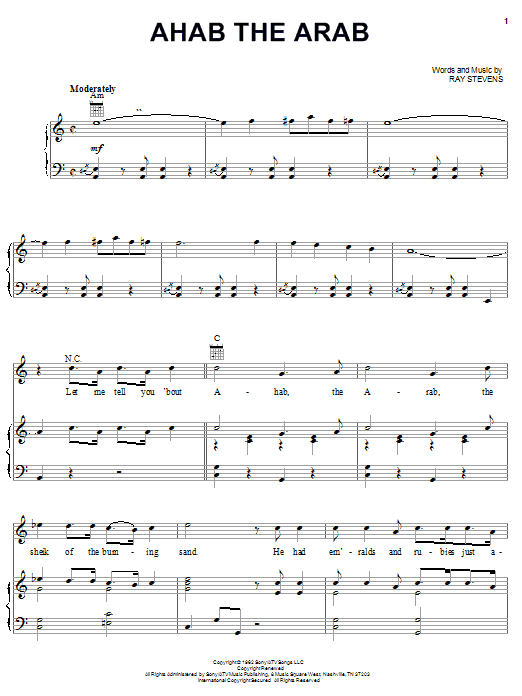Preview Ray Stevens Ahab The Arab Pop sheet music, notes and chords for Piano, Vocal & Guitar (Right-Hand Melody), SKU: 20618 sheet music, piano notes, chords, guitar tabs, score, transpose, transcribe, how to play, guide, download, learn, tutorial, progression, song, artist, awards, billboard, mtv, vh1, tour, single, album, release
