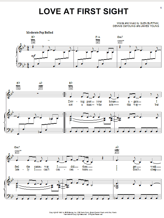 Preview Styx Love At First Sight Rock sheet music, notes and chords for Piano, Vocal & Guitar (Right-Hand Melody), SKU: 20629 sheet music, piano notes, chords, guitar tabs, score, transpose, transcribe, how to play, guide, download, learn, tutorial, progression, song, artist, awards, billboard, mtv, vh1, tour, single, album, release