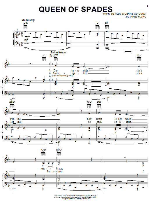 Preview Styx Queen Of Spades Rock sheet music, notes and chords for Piano, Vocal & Guitar (Right-Hand Melody), SKU: 20635 sheet music, piano notes, chords, guitar tabs, score, transpose, transcribe, how to play, guide, download, learn, tutorial, progression, song, artist, awards, billboard, mtv, vh1, tour, single, album, release