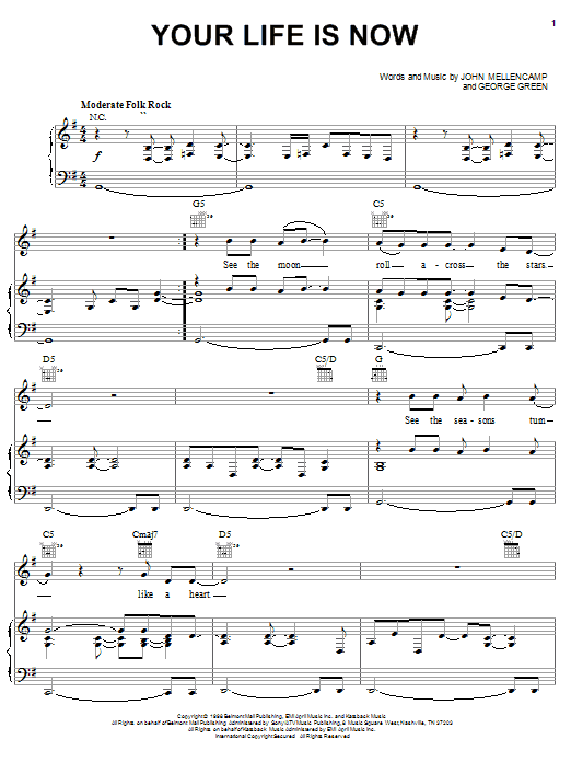 Preview John Mellencamp Your Life Is Now Rock sheet music, notes and chords for Piano, Vocal & Guitar (Right-Hand Melody), SKU: 20637 sheet music, piano notes, chords, guitar tabs, score, transpose, transcribe, how to play, guide, download, learn, tutorial, progression, song, artist, awards, billboard, mtv, vh1, tour, single, album, release