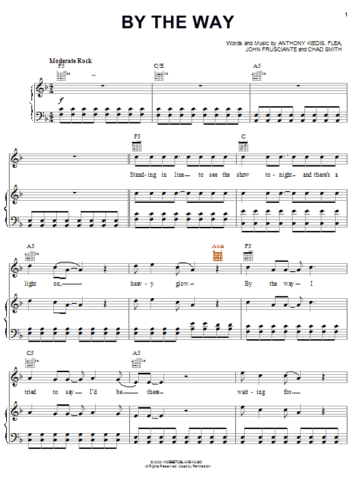 Preview Red Hot Chili Peppers By The Way Rock sheet music, notes and chords for Piano, Vocal & Guitar (Right-Hand Melody), SKU: 20653 sheet music, piano notes, chords, guitar tabs, score, transpose, transcribe, how to play, guide, download, learn, tutorial, progression, song, artist, awards, billboard, mtv, vh1, tour, single, album, release