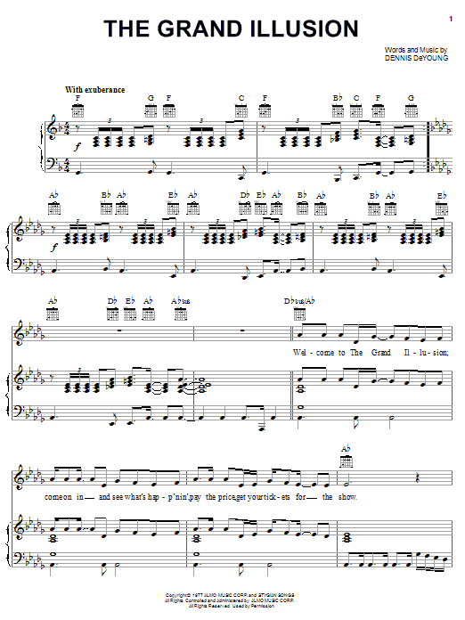 Preview Styx The Grand Illusion Rock sheet music, notes and chords for Piano, Vocal & Guitar (Right-Hand Melody), SKU: 20667 sheet music, piano notes, chords, guitar tabs, score, transpose, transcribe, how to play, guide, download, learn, tutorial, progression, song, artist, awards, billboard, mtv, vh1, tour, single, album, release