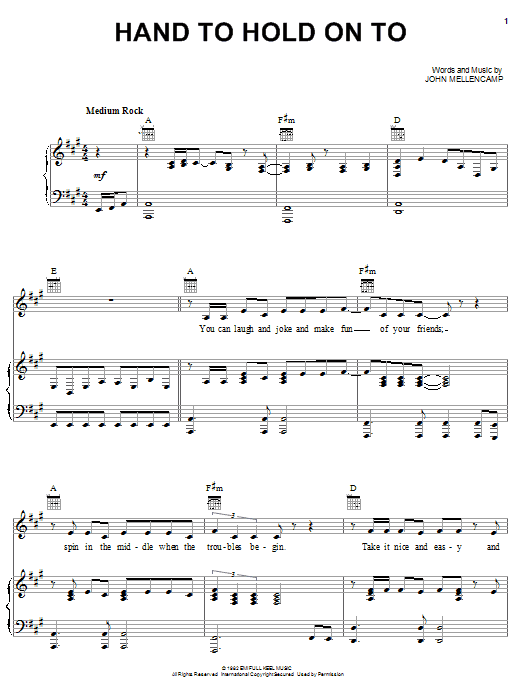 Preview John Mellencamp Hand To Hold On To Pop sheet music, notes and chords for Piano, Vocal & Guitar (Right-Hand Melody), SKU: 20668 sheet music, piano notes, chords, guitar tabs, score, transpose, transcribe, how to play, guide, download, learn, tutorial, progression, song, artist, awards, billboard, mtv, vh1, tour, single, album, release