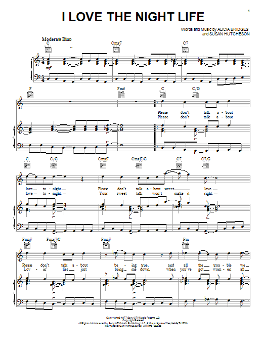 Preview Alicia Bridges I Love The Night Life Jazz sheet music, notes and chords for Piano, Vocal & Guitar (Right-Hand Melody), SKU: 20670 sheet music, piano notes, chords, guitar tabs, score, transpose, transcribe, how to play, guide, download, learn, tutorial, progression, song, artist, awards, billboard, mtv, vh1, tour, single, album, release