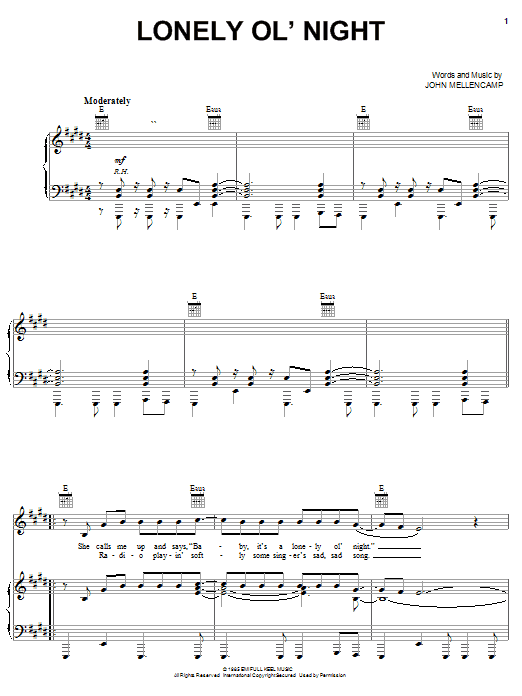 Preview John Mellencamp Lonely Ol' Night Rock sheet music, notes and chords for Piano, Vocal & Guitar (Right-Hand Melody), SKU: 20674 sheet music, piano notes, chords, guitar tabs, score, transpose, transcribe, how to play, guide, download, learn, tutorial, progression, song, artist, awards, billboard, mtv, vh1, tour, single, album, release