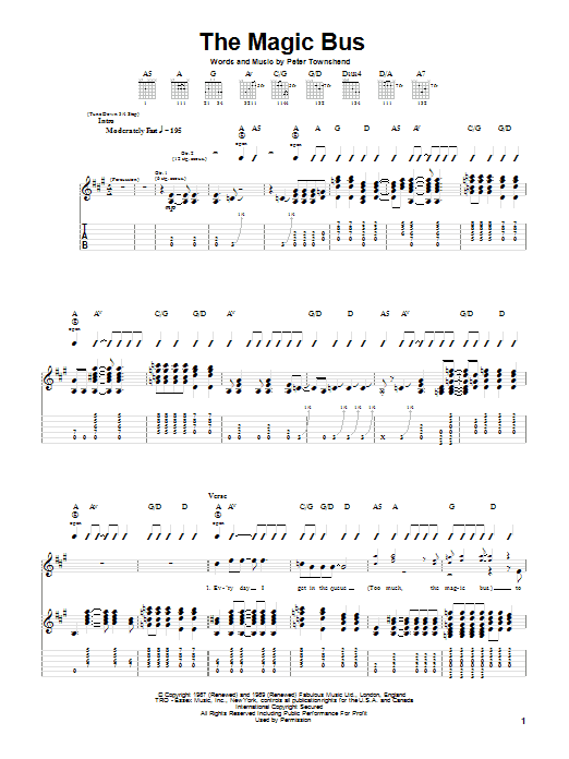 Preview The Who Magic Bus Pop sheet music, notes and chords for Guitar Tab, SKU: 20676 sheet music, piano notes, chords, guitar tabs, score, transpose, transcribe, how to play, guide, download, learn, tutorial, progression, song, artist, awards, billboard, mtv, vh1, tour, single, album, release