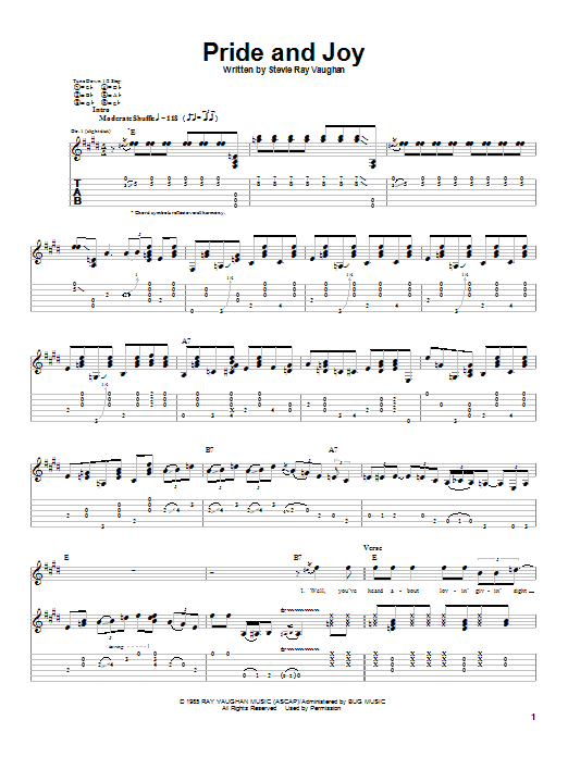 Preview Stevie Ray Vaughan Pride And Joy Pop sheet music, notes and chords for Guitar Tab, SKU: 20681 sheet music, piano notes, chords, guitar tabs, score, transpose, transcribe, how to play, guide, download, learn, tutorial, progression, song, artist, awards, billboard, mtv, vh1, tour, single, album, release