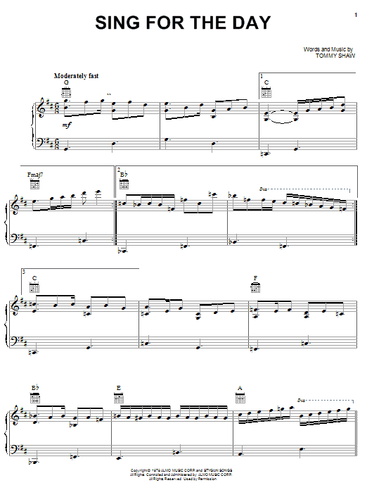 Preview Styx Sing For The Day Rock sheet music, notes and chords for Piano, Vocal & Guitar (Right-Hand Melody), SKU: 20684 sheet music, piano notes, chords, guitar tabs, score, transpose, transcribe, how to play, guide, download, learn, tutorial, progression, song, artist, awards, billboard, mtv, vh1, tour, single, album, release