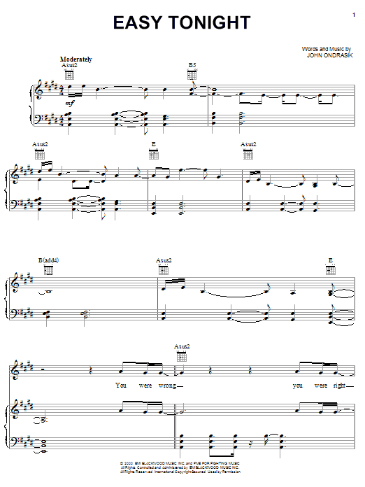Preview Five For Fighting Easy Tonight Pop sheet music, notes and chords for Piano, Vocal & Guitar (Right-Hand Melody), SKU: 20704 sheet music, piano notes, chords, guitar tabs, score, transpose, transcribe, how to play, guide, download, learn, tutorial, progression, song, artist, awards, billboard, mtv, vh1, tour, single, album, release