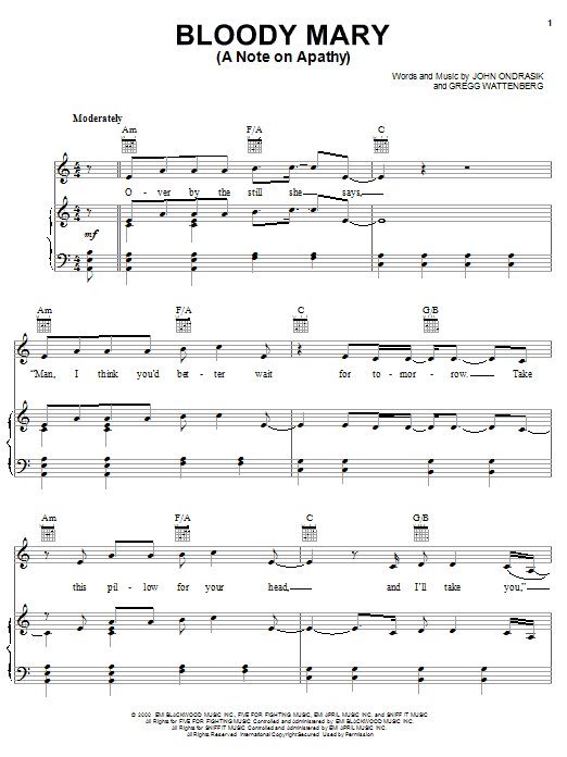 Preview Five For Fighting Bloody Mary (A Note On Apathy) Pop sheet music, notes and chords for Piano, Vocal & Guitar (Right-Hand Melody), SKU: 20711 sheet music, piano notes, chords, guitar tabs, score, transpose, transcribe, how to play, guide, download, learn, tutorial, progression, song, artist, awards, billboard, mtv, vh1, tour, single, album, release