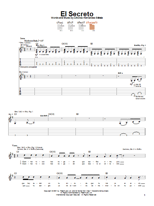 Preview Jaguares El Secreto World sheet music, notes and chords for Guitar Tab, SKU: 20715 sheet music, piano notes, chords, guitar tabs, score, transpose, transcribe, how to play, guide, download, learn, tutorial, progression, song, artist, awards, billboard, mtv, vh1, tour, single, album, release