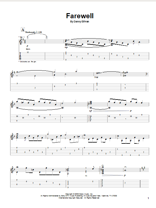 Preview Danny Elfman Farewell Rock sheet music, notes and chords for Guitar Tab, SKU: 20728 sheet music, piano notes, chords, guitar tabs, score, transpose, transcribe, how to play, guide, download, learn, tutorial, progression, song, artist, awards, billboard, mtv, vh1, tour, single, album, release