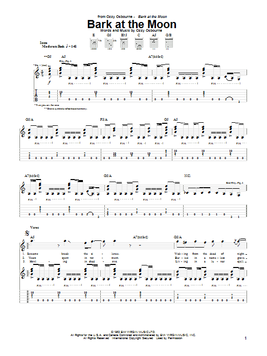 Preview Ozzy Osbourne Bark At The Moon Pop sheet music, notes and chords for Guitar Tab, SKU: 20735 sheet music, piano notes, chords, guitar tabs, score, transpose, transcribe, how to play, guide, download, learn, tutorial, progression, song, artist, awards, billboard, mtv, vh1, tour, single, album, release