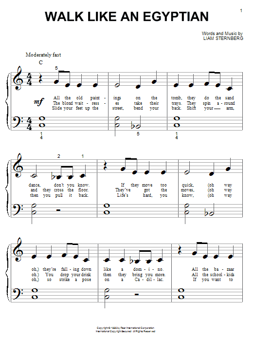 Preview The Bangles Walk Like An Egyptian Rock sheet music, notes and chords for Piano (Big Notes), SKU: 20758 sheet music, piano notes, chords, guitar tabs, score, transpose, transcribe, how to play, guide, download, learn, tutorial, progression, song, artist, awards, billboard, mtv, vh1, tour, single, album, release