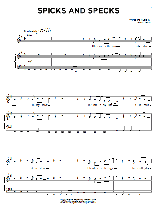 Preview Bee Gees Spicks And Specks Pop sheet music, notes and chords for Piano, Vocal & Guitar (Right-Hand Melody), SKU: 20763 sheet music, piano notes, chords, guitar tabs, score, transpose, transcribe, how to play, guide, download, learn, tutorial, progression, song, artist, awards, billboard, mtv, vh1, tour, single, album, release