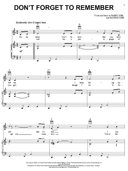 Preview Bee Gees Don't Forget To Remember Pop sheet music, notes and chords for Piano, Vocal & Guitar (Right-Hand Melody), SKU: 20764 sheet music, piano notes, chords, guitar tabs, score, transpose, transcribe, how to play, guide, download, learn, tutorial, progression, song, artist, awards, billboard, mtv, vh1, tour, single, album, release