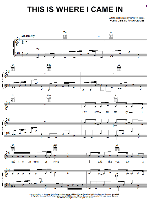 Preview Bee Gees This Is Where I Came In Pop sheet music, notes and chords for Piano, Vocal & Guitar (Right-Hand Melody), SKU: 20768 sheet music, piano notes, chords, guitar tabs, score, transpose, transcribe, how to play, guide, download, learn, tutorial, progression, song, artist, awards, billboard, mtv, vh1, tour, single, album, release