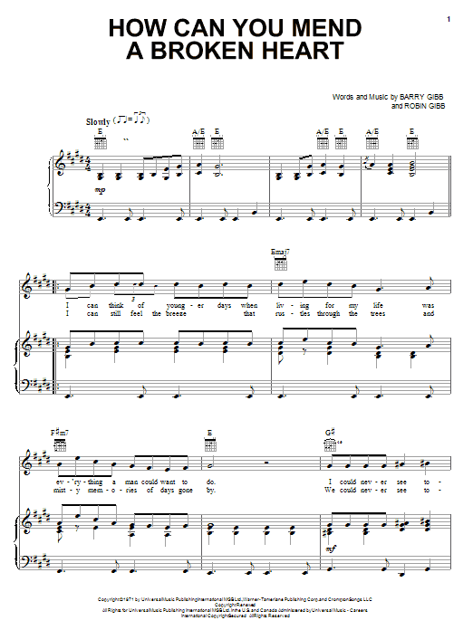 Preview Bee Gees How Can You Mend A Broken Heart Pop sheet music, notes and chords for Piano, Vocal & Guitar (Right-Hand Melody), SKU: 20775 sheet music, piano notes, chords, guitar tabs, score, transpose, transcribe, how to play, guide, download, learn, tutorial, progression, song, artist, awards, billboard, mtv, vh1, tour, single, album, release