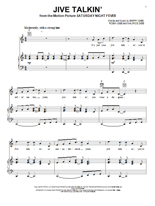 Preview Bee Gees Jive Talkin' Rock sheet music, notes and chords for Piano, Vocal & Guitar (Right-Hand Melody), SKU: 20780 sheet music, piano notes, chords, guitar tabs, score, transpose, transcribe, how to play, guide, download, learn, tutorial, progression, song, artist, awards, billboard, mtv, vh1, tour, single, album, release