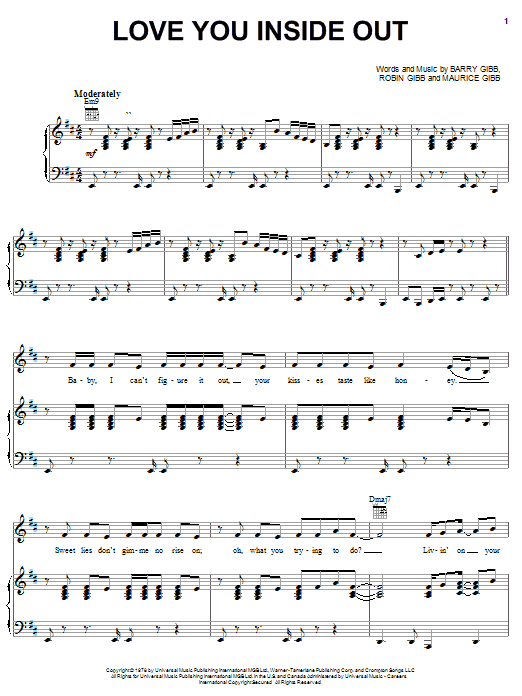 Preview Bee Gees Love You Inside Out Pop sheet music, notes and chords for Piano, Vocal & Guitar (Right-Hand Melody), SKU: 20784 sheet music, piano notes, chords, guitar tabs, score, transpose, transcribe, how to play, guide, download, learn, tutorial, progression, song, artist, awards, billboard, mtv, vh1, tour, single, album, release