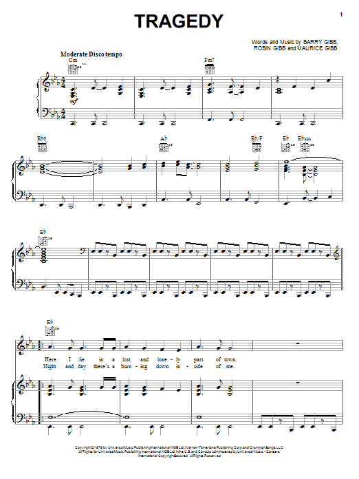 Preview Bee Gees Tragedy Rock sheet music, notes and chords for Piano, Vocal & Guitar (Right-Hand Melody), SKU: 20791 sheet music, piano notes, chords, guitar tabs, score, transpose, transcribe, how to play, guide, download, learn, tutorial, progression, song, artist, awards, billboard, mtv, vh1, tour, single, album, release
