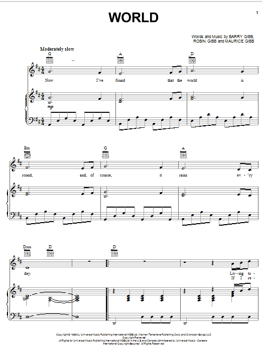 Preview Bee Gees World Pop sheet music, notes and chords for Piano, Vocal & Guitar (Right-Hand Melody), SKU: 20793 sheet music, piano notes, chords, guitar tabs, score, transpose, transcribe, how to play, guide, download, learn, tutorial, progression, song, artist, awards, billboard, mtv, vh1, tour, single, album, release
