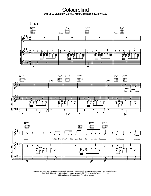 Preview Darius Colourblind Pop sheet music, notes and chords for Piano, Vocal & Guitar, SKU: 20798 sheet music, piano notes, chords, guitar tabs, score, transpose, transcribe, how to play, guide, download, learn, tutorial, progression, song, artist, awards, billboard, mtv, vh1, tour, single, album, release