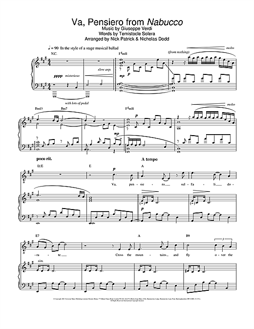 Preview Russell Watson Va, Pensiero (Chorus Of The Hebrew Slaves) (from Nabucco) Classical sheet music, notes and chords for Piano, Vocal & Guitar, SKU: 20801 sheet music, piano notes, chords, guitar tabs, score, transpose, transcribe, how to play, guide, download, learn, tutorial, progression, song, artist, awards, billboard, mtv, vh1, tour, single, album, release