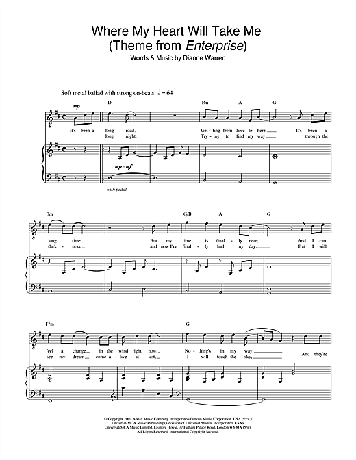 Preview Russell Watson Where My Heart Will Take Me (theme from Star Trek: Enterprise) Classical sheet music, notes and chords for Piano, Vocal & Guitar, SKU: 20809 sheet music, piano notes, chords, guitar tabs, score, transpose, transcribe, how to play, guide, download, learn, tutorial, progression, song, artist, awards, billboard, mtv, vh1, tour, single, album, release