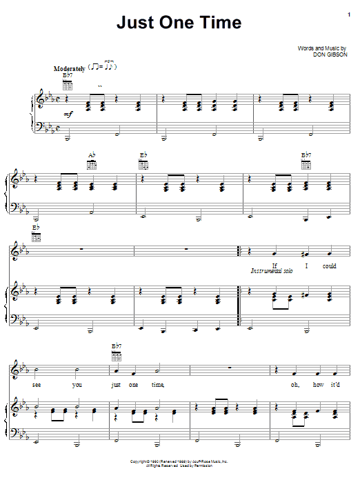Preview Don Gibson Just One Time Country sheet music, notes and chords for Piano, Vocal & Guitar (Right-Hand Melody), SKU: 20828 sheet music, piano notes, chords, guitar tabs, score, transpose, transcribe, how to play, guide, download, learn, tutorial, progression, song, artist, awards, billboard, mtv, vh1, tour, single, album, release