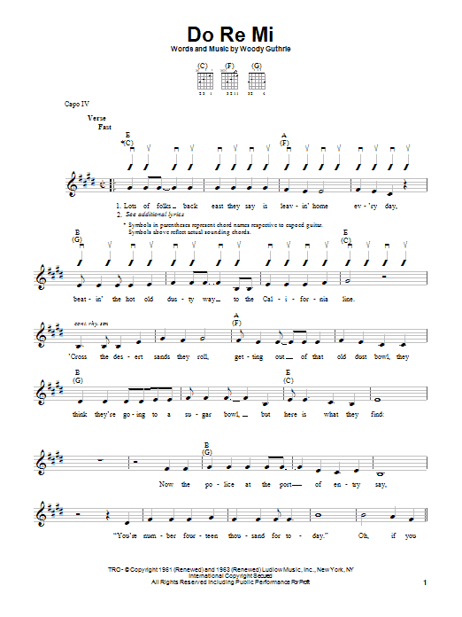 Preview Woody Guthrie Do Re Mi Folk sheet music, notes and chords for Easy Guitar, SKU: 20870 sheet music, piano notes, chords, guitar tabs, score, transpose, transcribe, how to play, guide, download, learn, tutorial, progression, song, artist, awards, billboard, mtv, vh1, tour, single, album, release