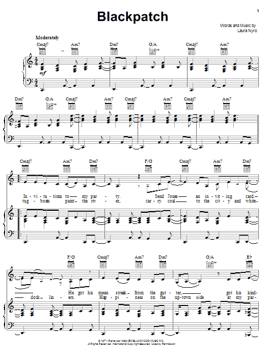 Preview Laura Nyro Blackpatch Folk sheet music, notes and chords for Piano, Vocal & Guitar (Right-Hand Melody), SKU: 20877 sheet music, piano notes, chords, guitar tabs, score, transpose, transcribe, how to play, guide, download, learn, tutorial, progression, song, artist, awards, billboard, mtv, vh1, tour, single, album, release