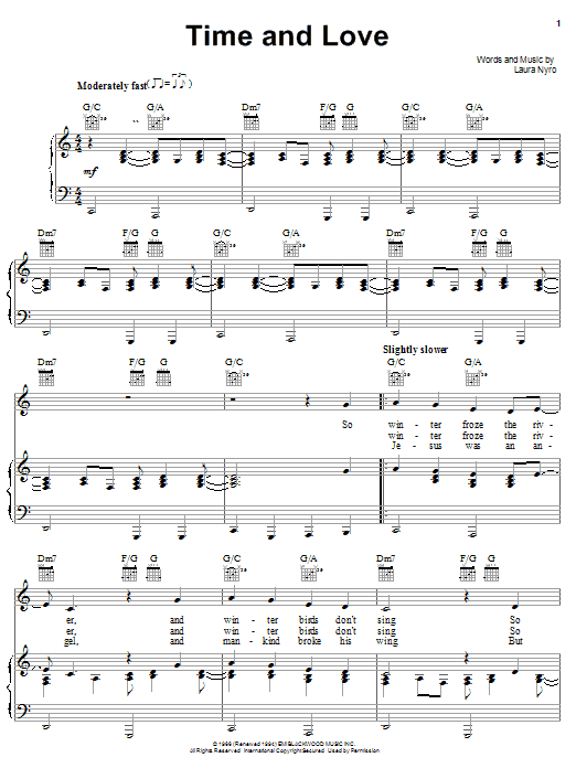 Preview Laura Nyro Time And Love Folk sheet music, notes and chords for Piano, Vocal & Guitar (Right-Hand Melody), SKU: 20884 sheet music, piano notes, chords, guitar tabs, score, transpose, transcribe, how to play, guide, download, learn, tutorial, progression, song, artist, awards, billboard, mtv, vh1, tour, single, album, release
