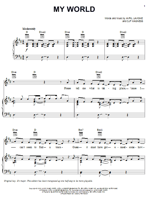 Preview Avril Lavigne My World Pop sheet music, notes and chords for Piano, Vocal & Guitar (Right-Hand Melody), SKU: 20922 sheet music, piano notes, chords, guitar tabs, score, transpose, transcribe, how to play, guide, download, learn, tutorial, progression, song, artist, awards, billboard, mtv, vh1, tour, single, album, release