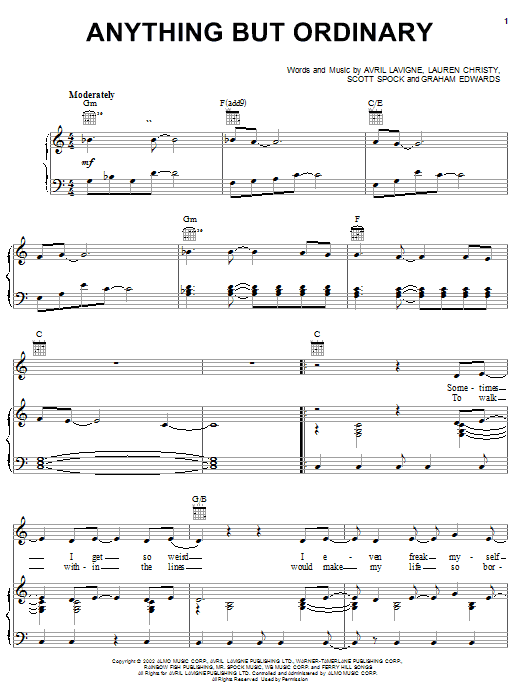 Preview Avril Lavigne Anything But Ordinary Pop sheet music, notes and chords for Piano, Vocal & Guitar (Right-Hand Melody), SKU: 20926 sheet music, piano notes, chords, guitar tabs, score, transpose, transcribe, how to play, guide, download, learn, tutorial, progression, song, artist, awards, billboard, mtv, vh1, tour, single, album, release