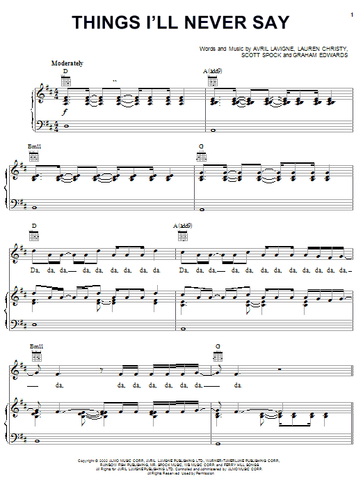 Preview Avril Lavigne Things I'll Never Say Pop sheet music, notes and chords for Piano, Vocal & Guitar (Right-Hand Melody), SKU: 20927 sheet music, piano notes, chords, guitar tabs, score, transpose, transcribe, how to play, guide, download, learn, tutorial, progression, song, artist, awards, billboard, mtv, vh1, tour, single, album, release