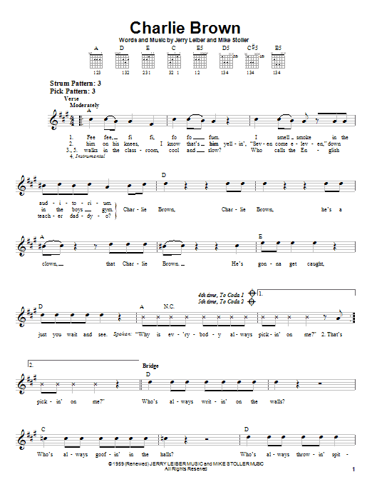 Preview The Coasters Charlie Brown Rock sheet music, notes and chords for Easy Guitar, SKU: 20960 sheet music, piano notes, chords, guitar tabs, score, transpose, transcribe, how to play, guide, download, learn, tutorial, progression, song, artist, awards, billboard, mtv, vh1, tour, single, album, release