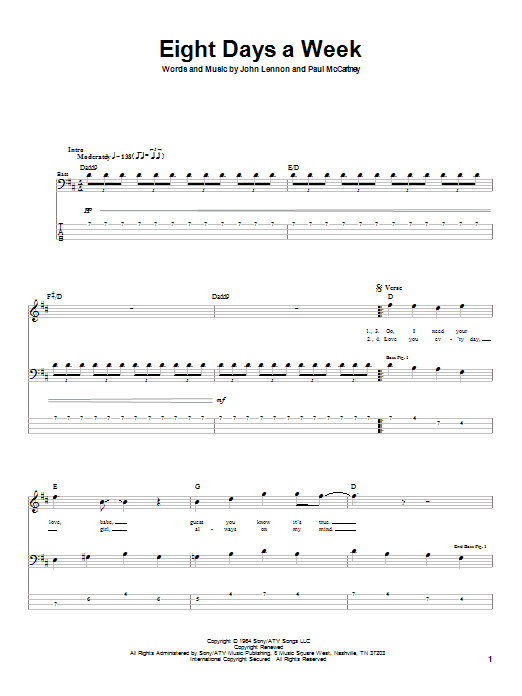 Preview The Beatles Eight Days A Week Rock sheet music, notes and chords for Bass Guitar Tab, SKU: 20992 sheet music, piano notes, chords, guitar tabs, score, transpose, transcribe, how to play, guide, download, learn, tutorial, progression, song, artist, awards, billboard, mtv, vh1, tour, single, album, release