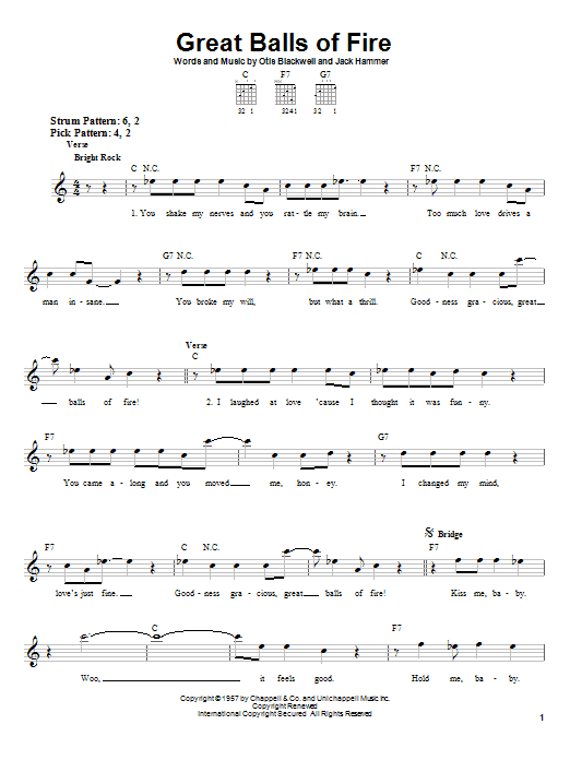 Preview Jerry Lee Lewis Great Balls Of Fire Rock sheet music, notes and chords for Easy Guitar, SKU: 21008 sheet music, piano notes, chords, guitar tabs, score, transpose, transcribe, how to play, guide, download, learn, tutorial, progression, song, artist, awards, billboard, mtv, vh1, tour, single, album, release