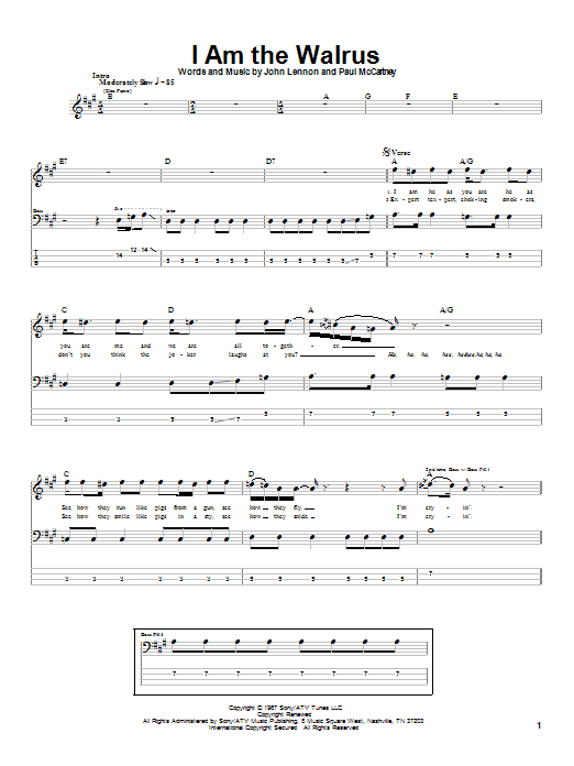 Preview The Beatles I Am The Walrus Rock sheet music, notes and chords for Bass Guitar Tab, SKU: 21026 sheet music, piano notes, chords, guitar tabs, score, transpose, transcribe, how to play, guide, download, learn, tutorial, progression, song, artist, awards, billboard, mtv, vh1, tour, single, album, release