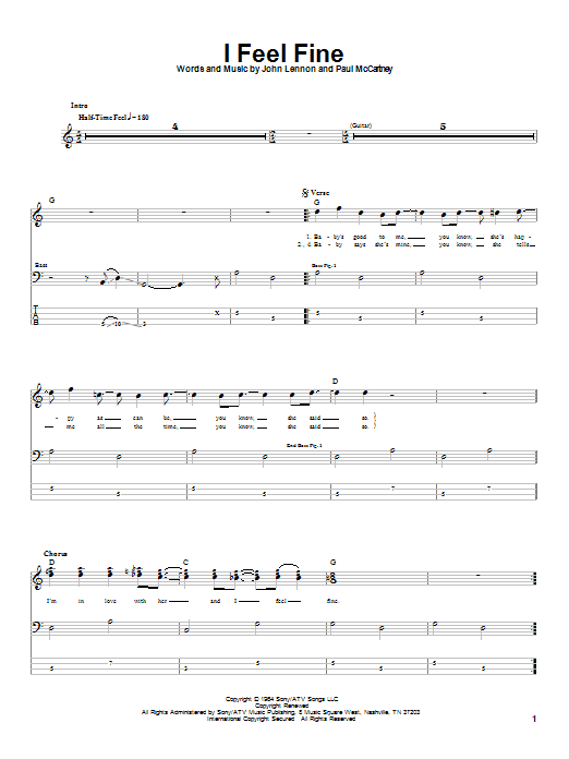 Preview The Beatles I Feel Fine Rock sheet music, notes and chords for Bass Guitar Tab, SKU: 21028 sheet music, piano notes, chords, guitar tabs, score, transpose, transcribe, how to play, guide, download, learn, tutorial, progression, song, artist, awards, billboard, mtv, vh1, tour, single, album, release